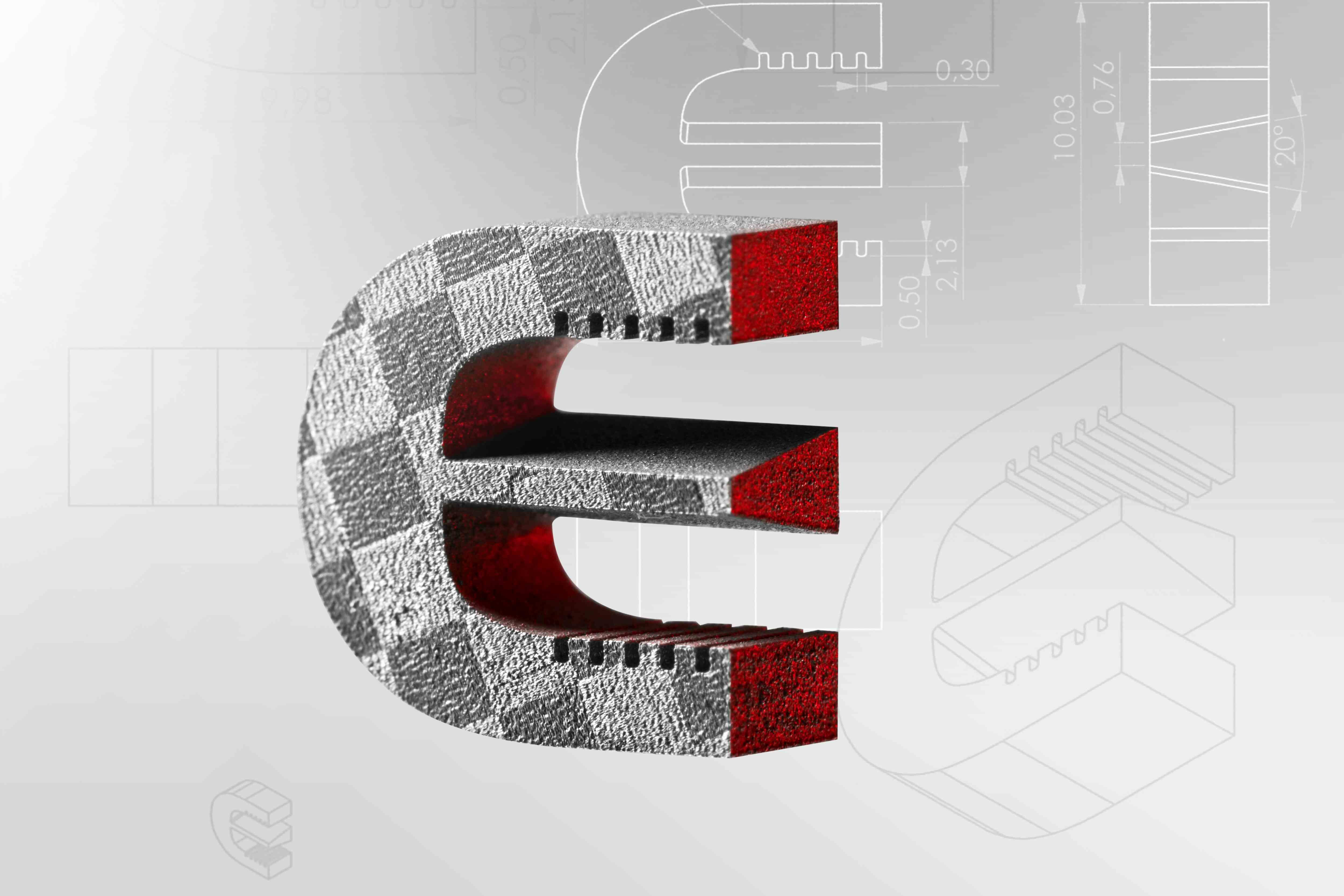 Das eropraezisa Logo 3D gedruckt, im Hintergrund die Technische Zeichnung des Logos