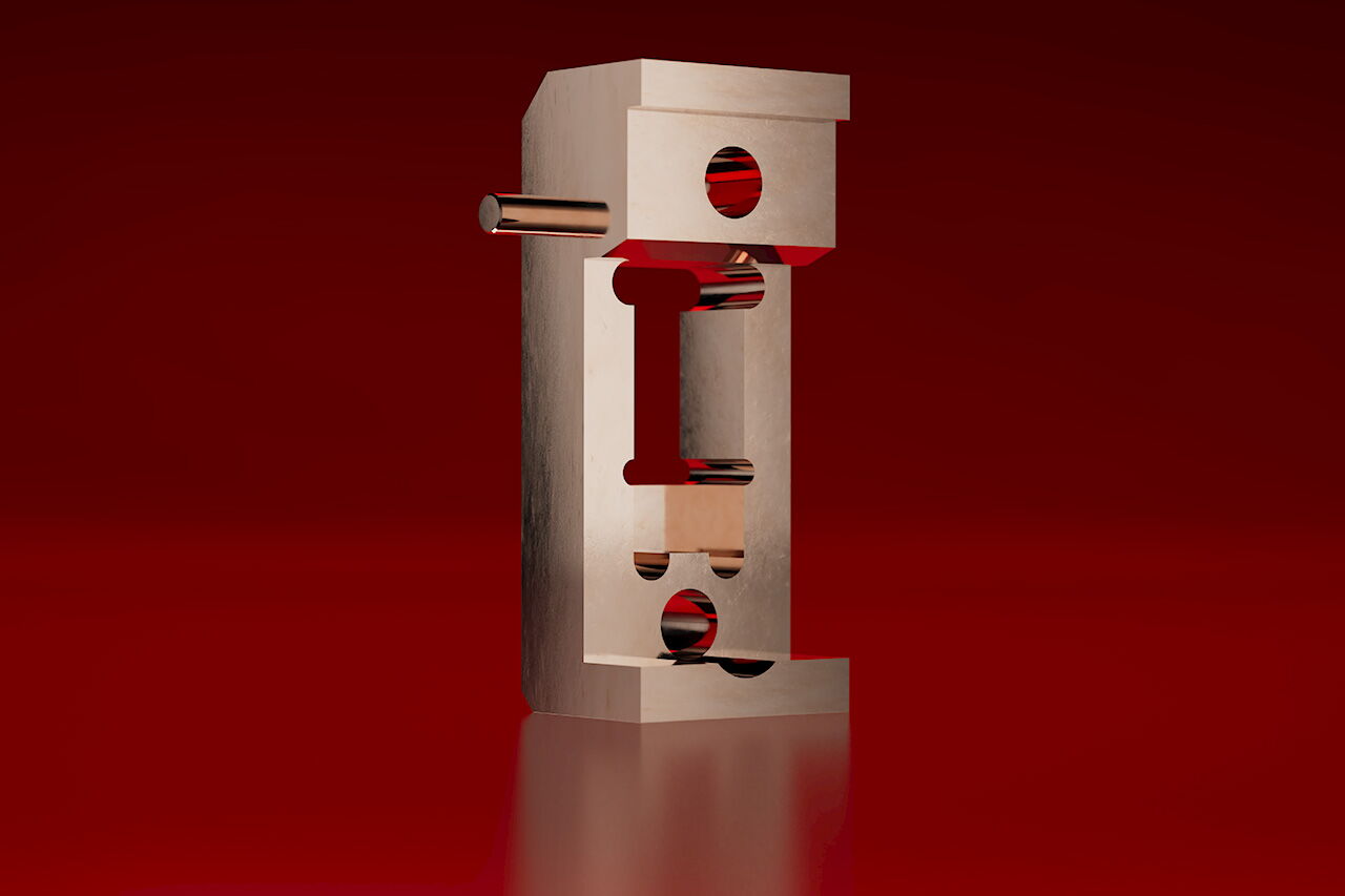 Baugruppenmontage: Guide Element in Gold vor rotem Hintergrund
